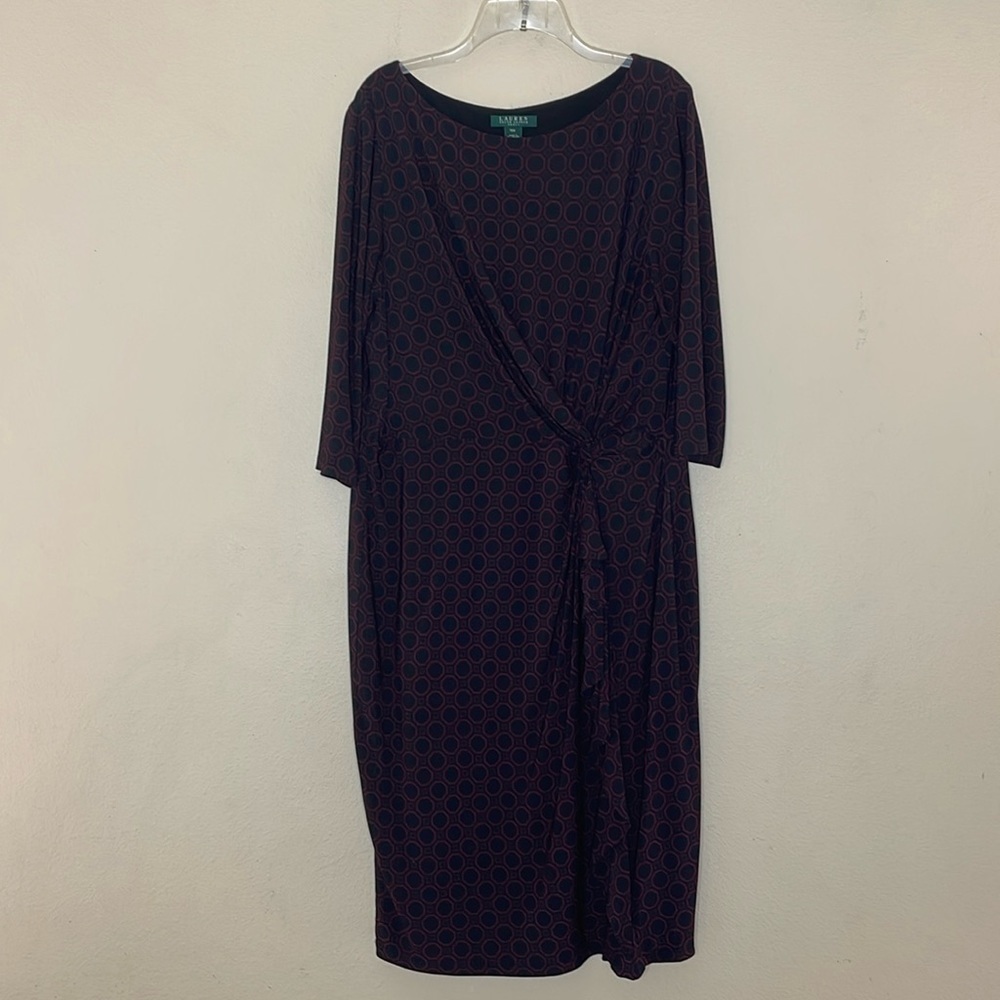 LAUREN Ralph Lauren Black Pink Square Print 3/4 Sleeve Jersey Dress Size 16 W - Picture 1 of 6